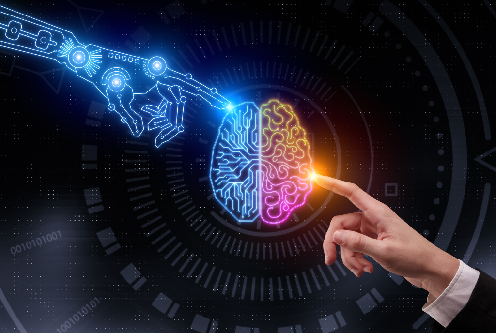 Robotic hand and human hand pointing to brain